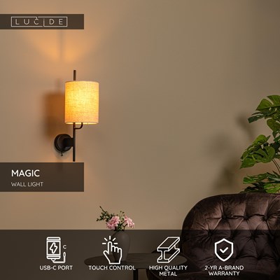 Lucide MAGIC - Wall light - 1xE27 - With USB charging point - Black